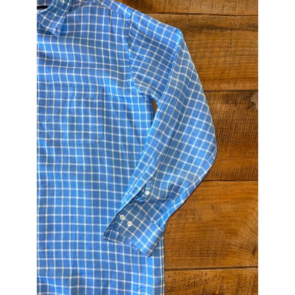 Mens Grant Thomas Pure Linen Light Blue White Checker Print Button Down Shirt‎ S - Picture 2 of 6